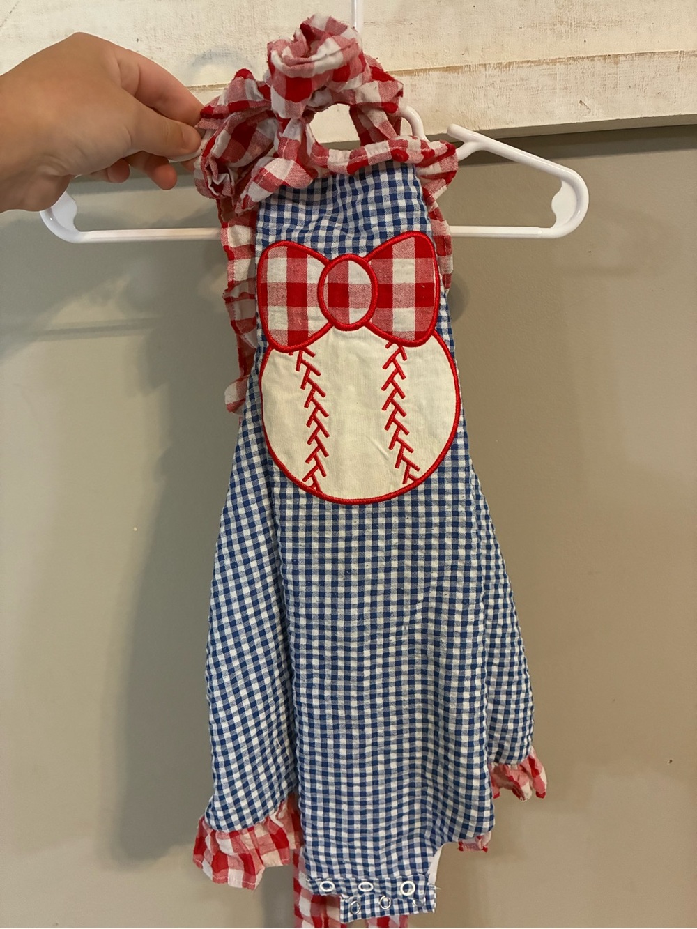 Red & Blue Gingham Baseball Bow Romper - Kids